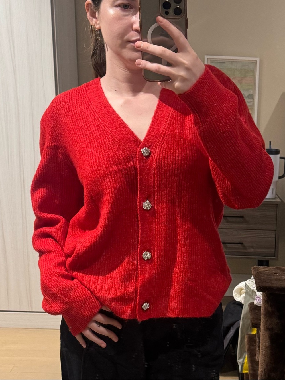 LOFT Red V-Neck Button Cardigan